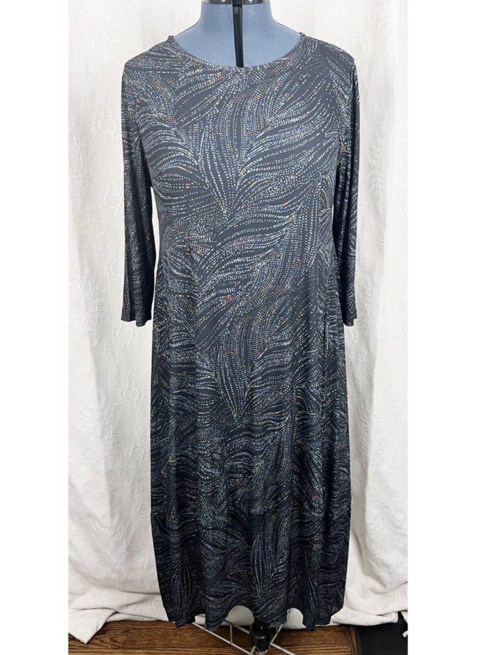 Kozan Denise stretch jersey midi dress blue feather print lagenlook boho relaxed